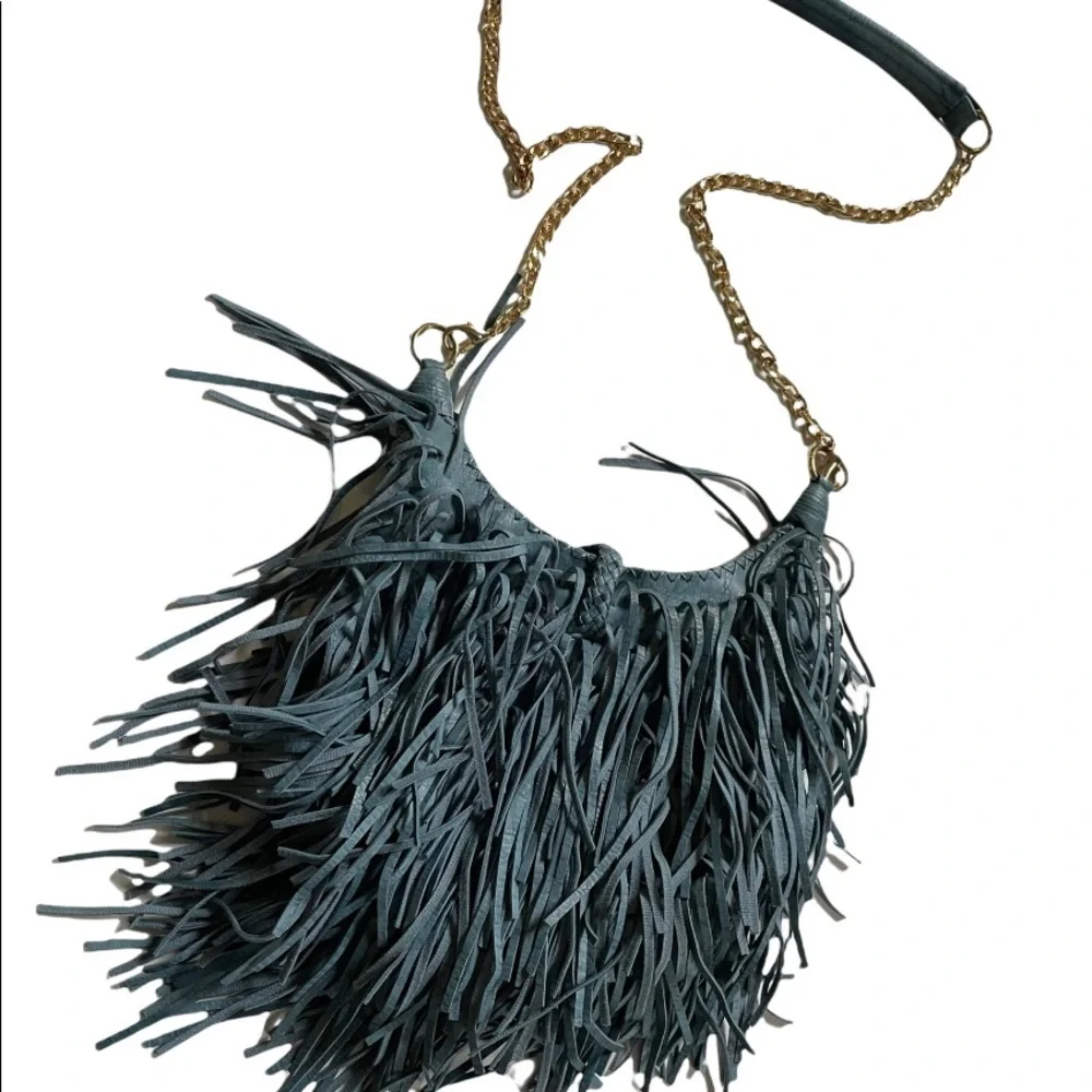 Fringed Leather Crossbody Bag in Dark Teal with Chain Strap